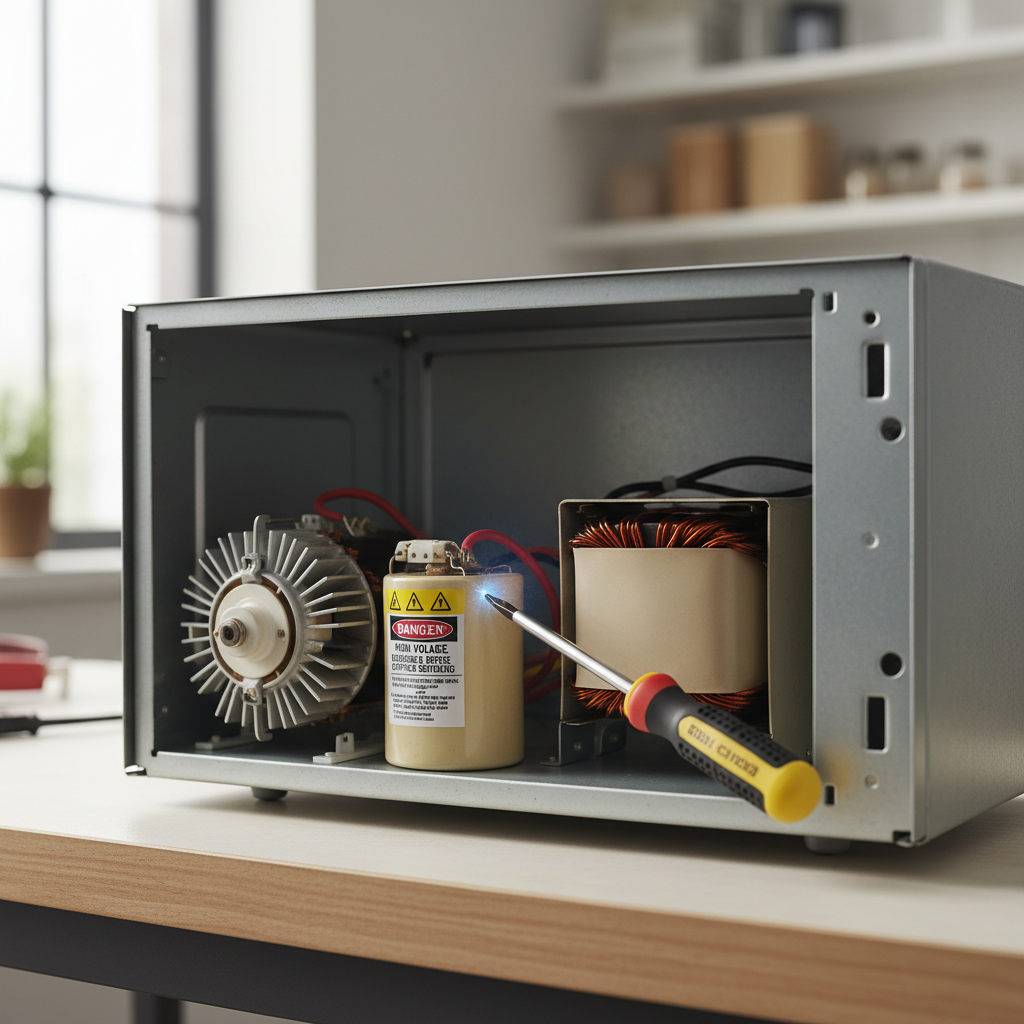 Internal view of a microwave showing its high-voltage capacitor, magnetron, and transformer, with safety tools nearby.