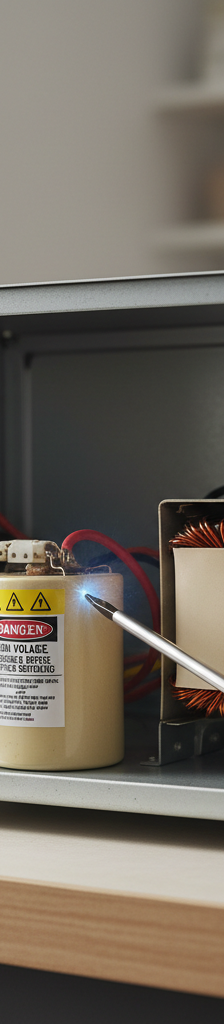 Internal view of a microwave showing its high-voltage capacitor, magnetron, and transformer, with safety tools nearby.