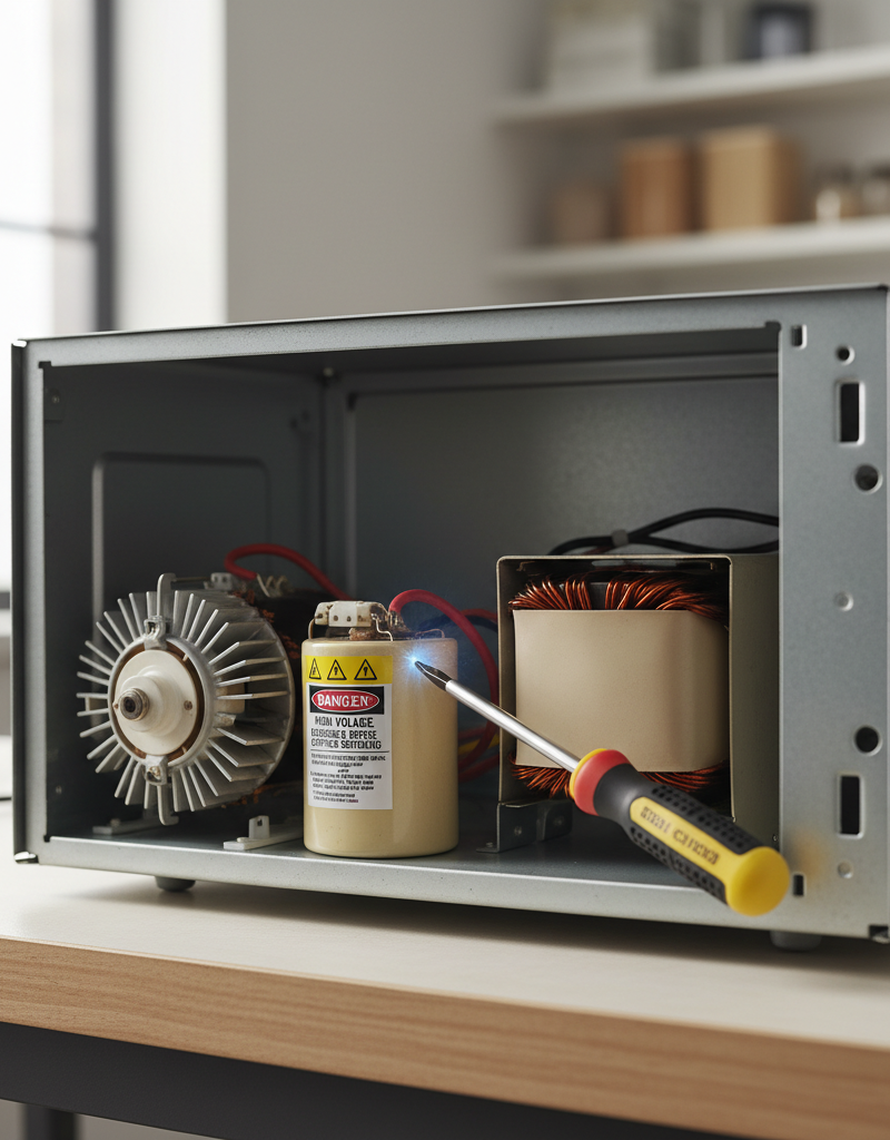 Internal view of a microwave showing its high-voltage capacitor, magnetron, and transformer, with safety tools nearby.