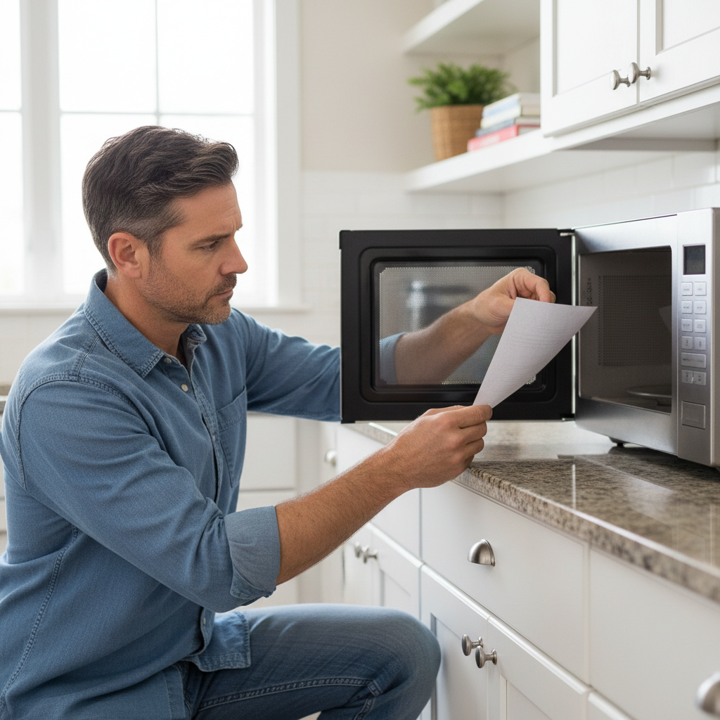 Man checking microwave door seal with a piece of paper