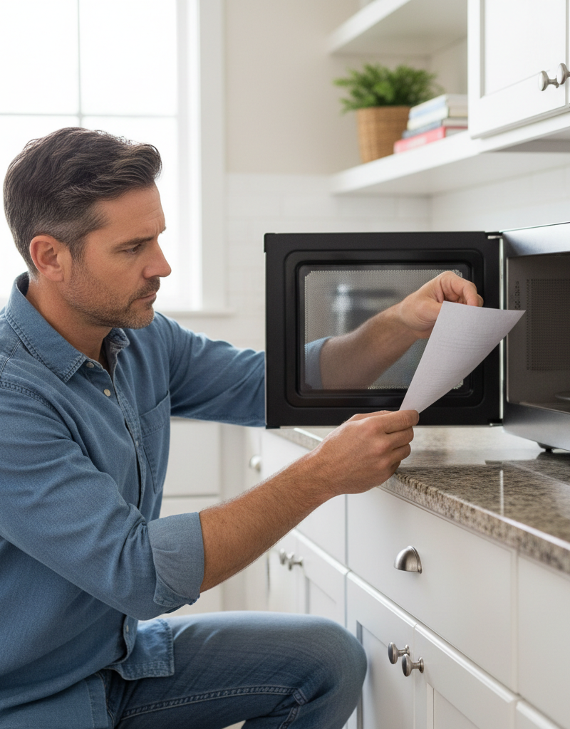 Man checking microwave door seal with a piece of paper