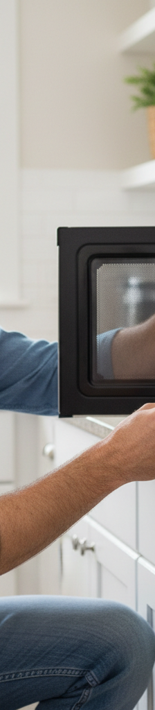 Man checking microwave door seal with a piece of paper