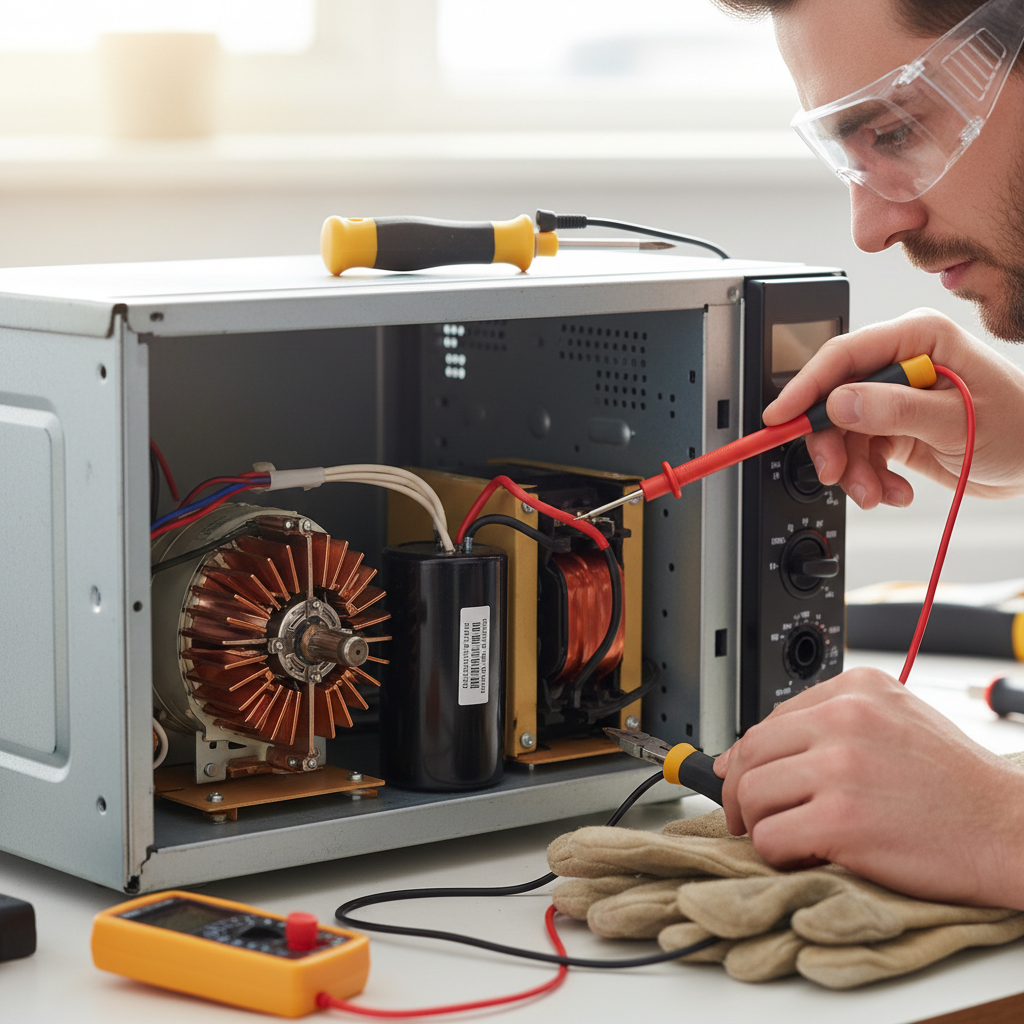 Interior view of a microwave showing the magnetron and high-voltage capacitor being tested with a multimeter for diagnosing heating issues.
