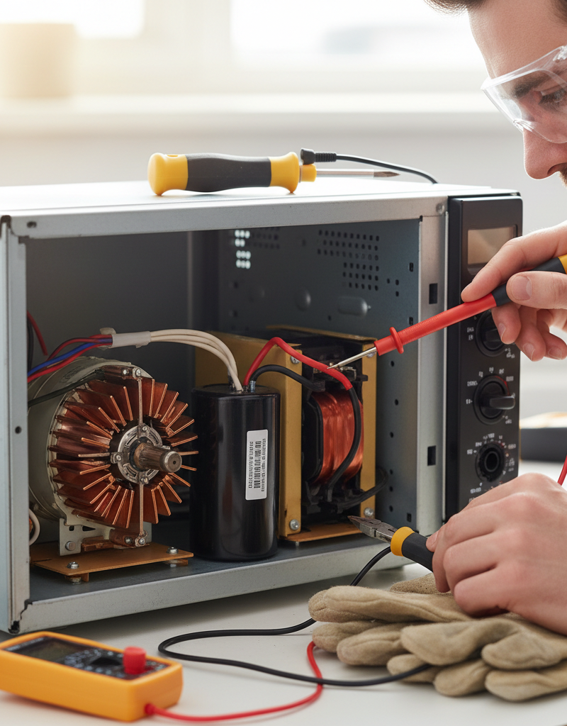 Interior view of a microwave showing the magnetron and high-voltage capacitor being tested with a multimeter for diagnosing heating issues.