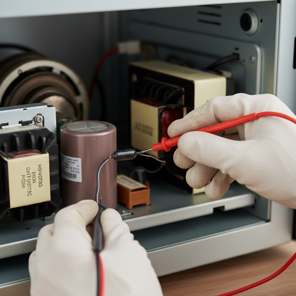 Homeowner testing a microwave high-voltage diode with a multimeter, insulated gloves visible.