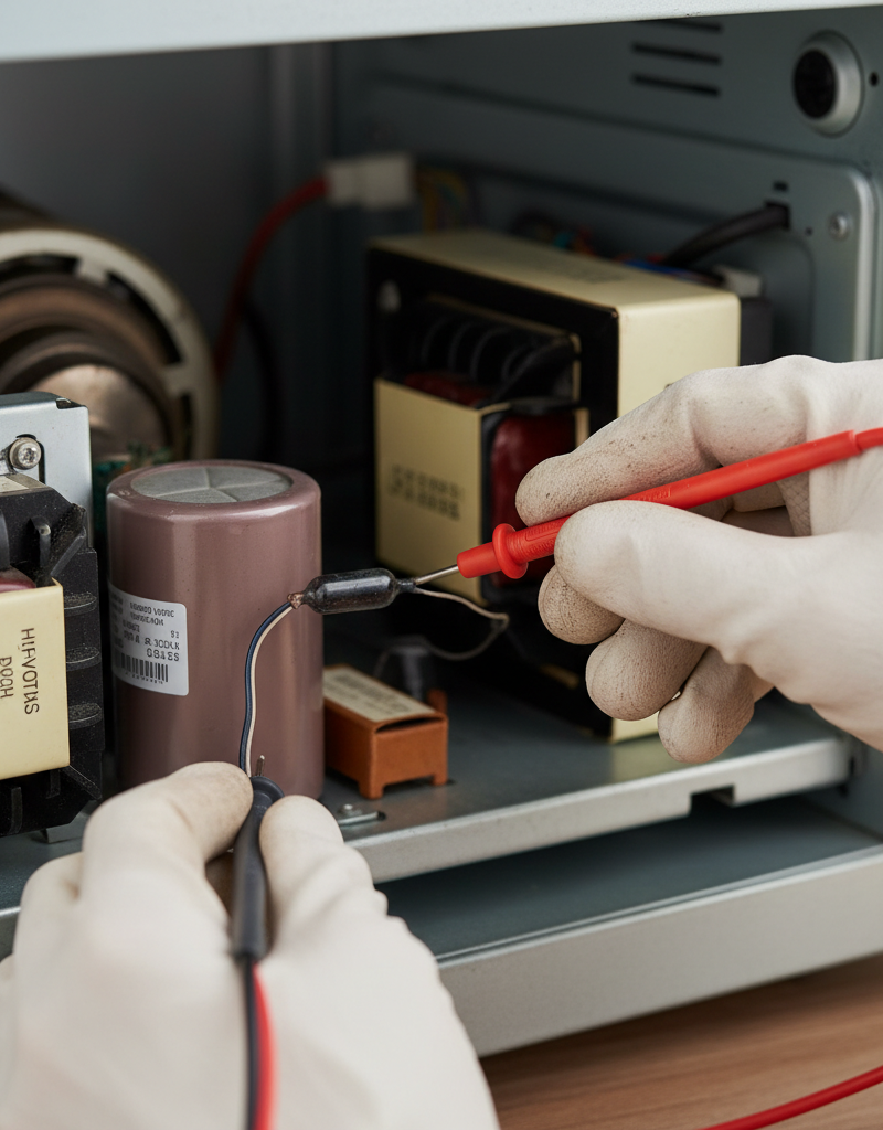 Homeowner testing a microwave high-voltage diode with a multimeter, insulated gloves visible.