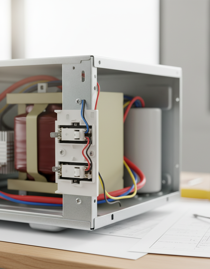 Internal view of a microwave oven showing door interlock switches, high-voltage capacitor, and transformer.