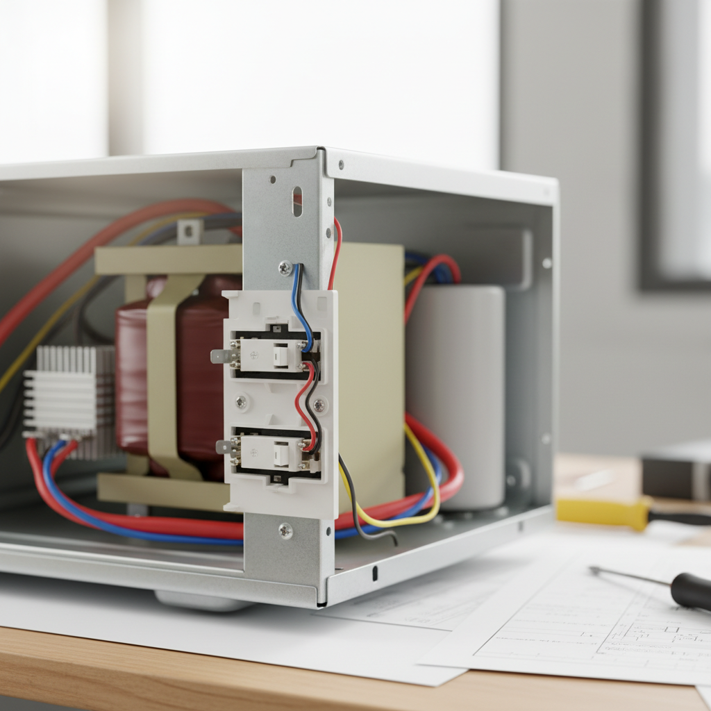 Internal view of a microwave oven showing door interlock switches, high-voltage capacitor, and transformer.
