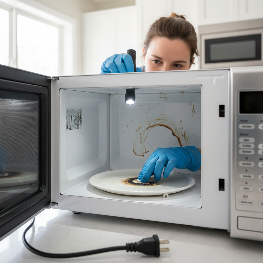 Homeowner inspecting inside of microwave for burnt plastic smell