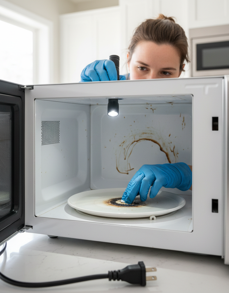 Homeowner inspecting inside of microwave for burnt plastic smell