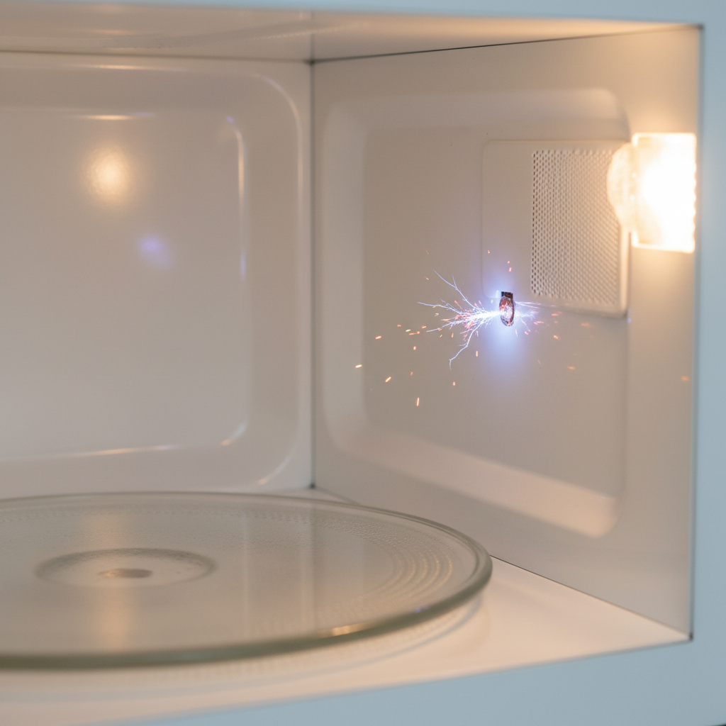 A microwave oven interior with a small, visible spark near the waveguide cover on the side wall, indicating an arcing issue.