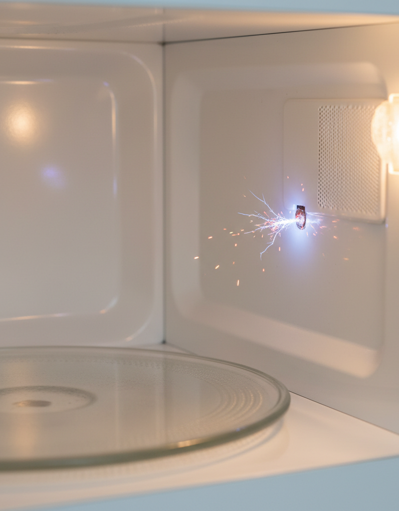A microwave oven interior with a small, visible spark near the waveguide cover on the side wall, indicating an arcing issue.