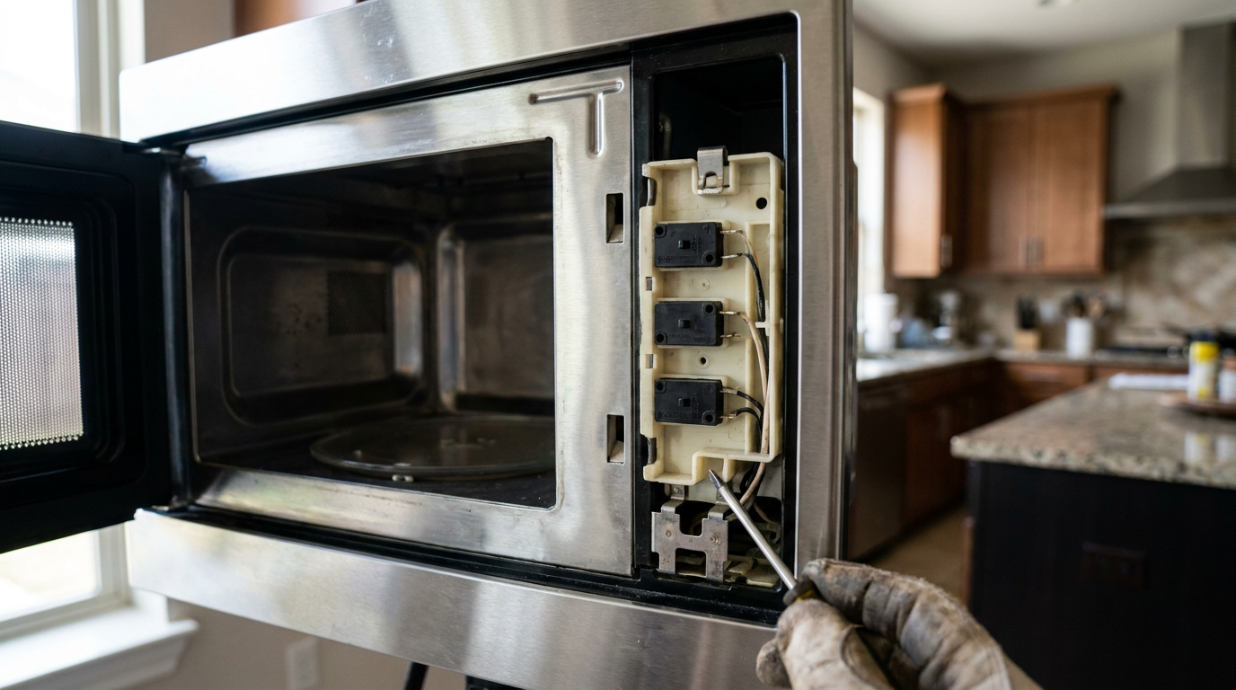 Close up of a microwave's faulty door interlock switches, which can cause it to stop running after a few seconds.