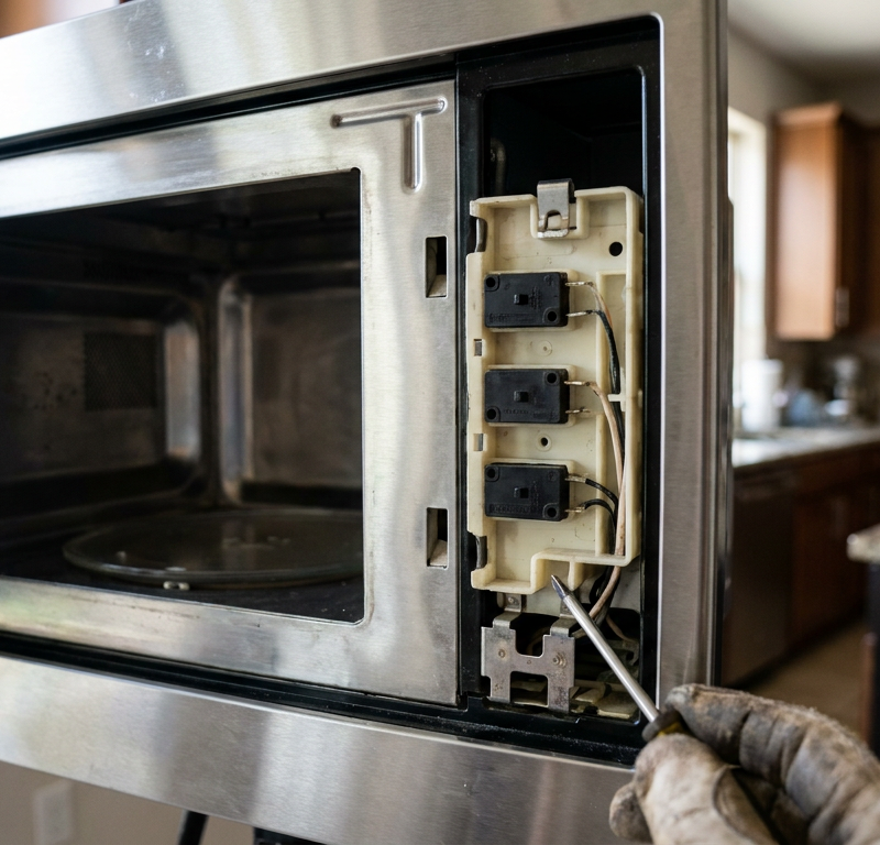 Close up of a microwave's faulty door interlock switches, which can cause it to stop running after a few seconds.