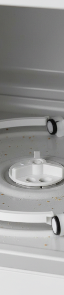 Close-up of a microwave interior showing the central drive coupler, plastic roller ring, and bottom track where the turntable spins.