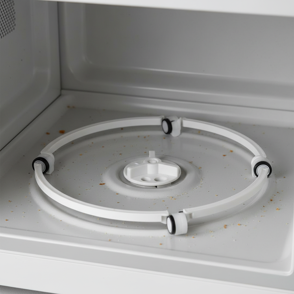 Close-up of a microwave interior showing the central drive coupler, plastic roller ring, and bottom track where the turntable spins.