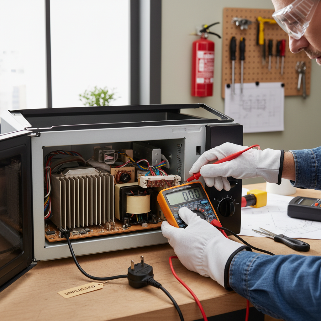 Homeowner checking internal fuse of a microwave with a multimeter after it lost all power, casing open.