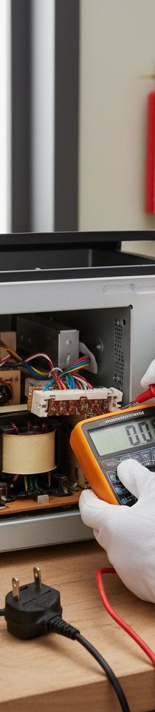 Homeowner checking internal fuse of a microwave with a multimeter after it lost all power, casing open.