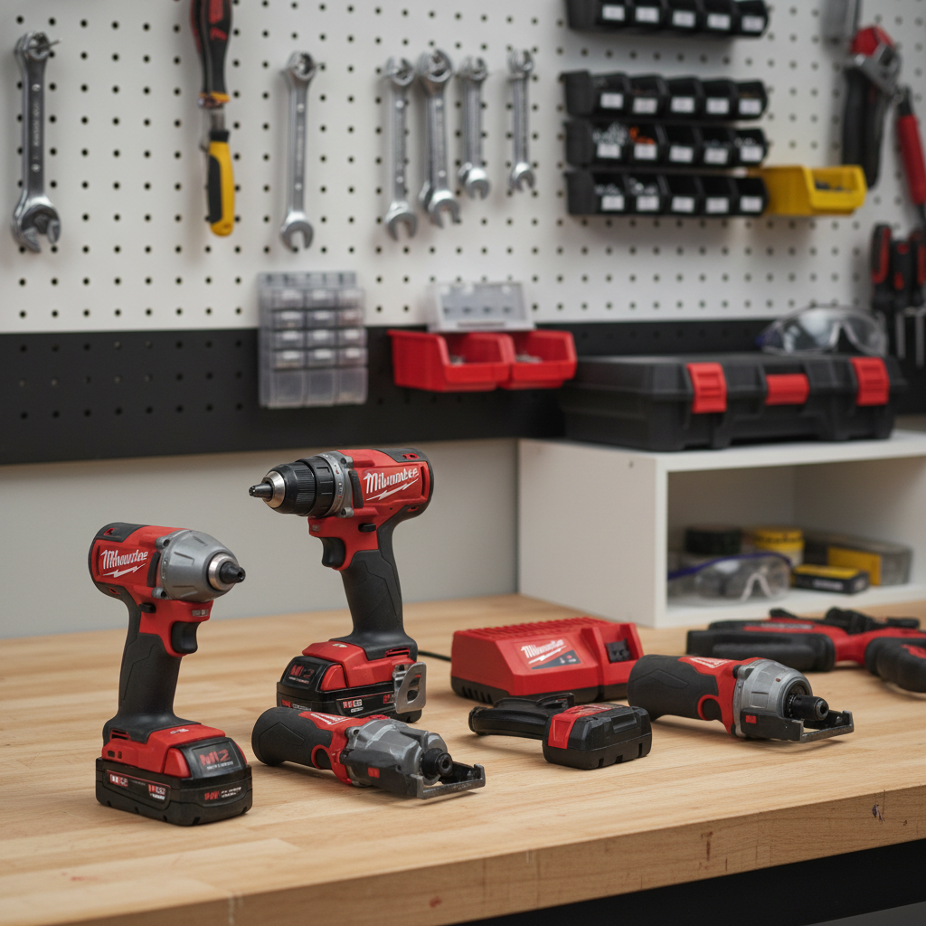 Essential Milwaukee M12 cordless power tools for DIY homeowners on a workbench, including drill, impact driver, multi-tool, and Hackzall.