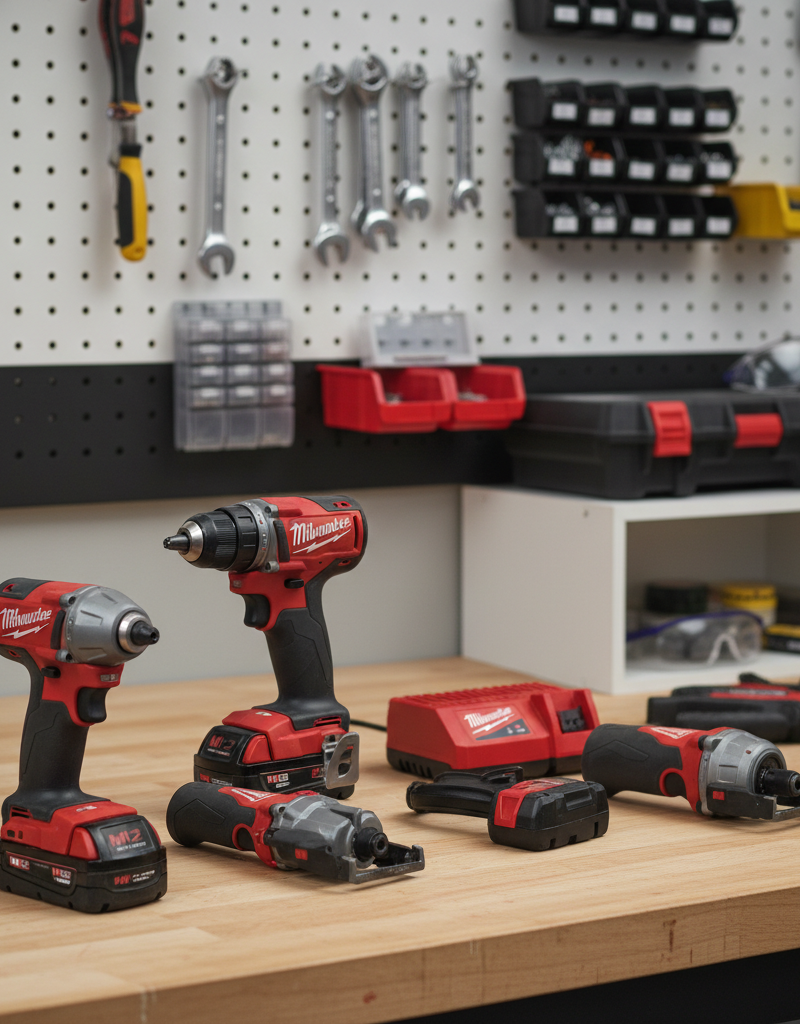 Essential Milwaukee M12 cordless power tools for DIY homeowners on a workbench, including drill, impact driver, multi-tool, and Hackzall.
