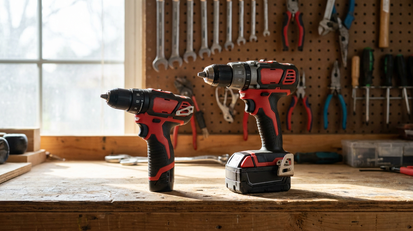 A Milwaukee M12 drill and a Milwaukee M18 drill shown side-by-side on a workbench.