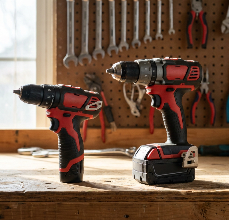 A Milwaukee M12 drill and a Milwaukee M18 drill shown side-by-side on a workbench.