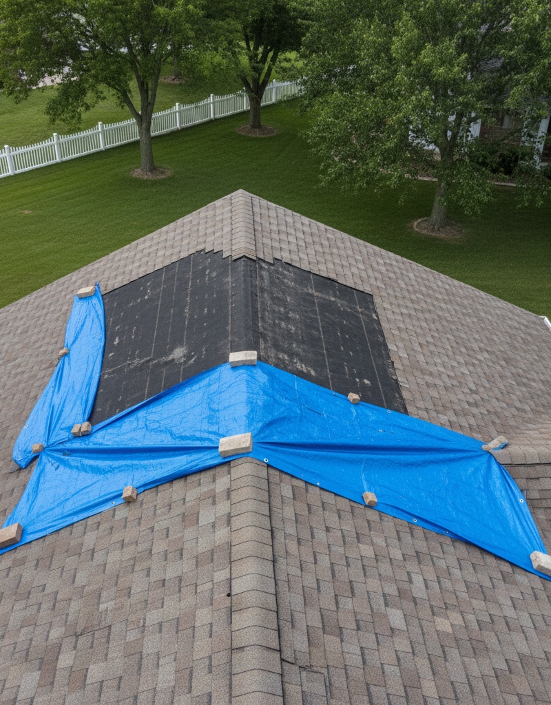 Temporary tarp visible on a damaged asphalt shingle roof with missing shingles after a storm, protecting exposed roof deck.