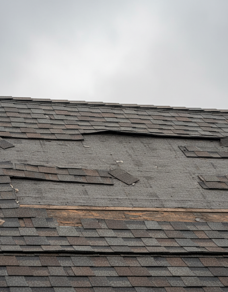 Close-up of a residential roof with missing asphalt shingles revealing damaged underlayment after a storm.