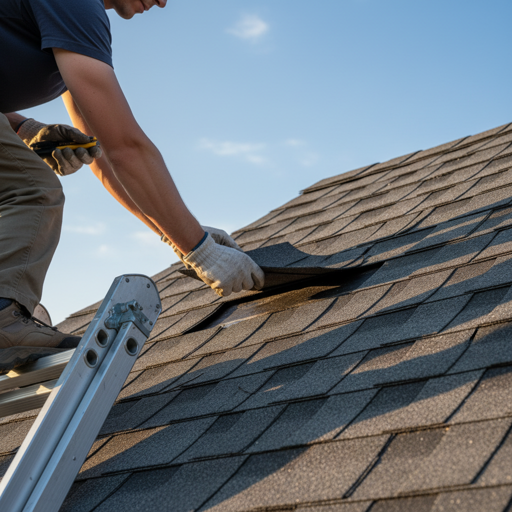 Homeowner on ladder replacing a missing asphalt shingle after a storm