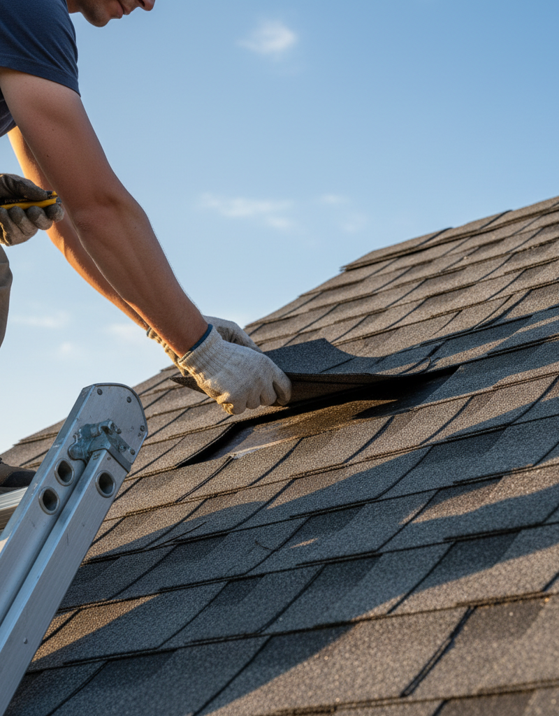 Homeowner on ladder replacing a missing asphalt shingle after a storm