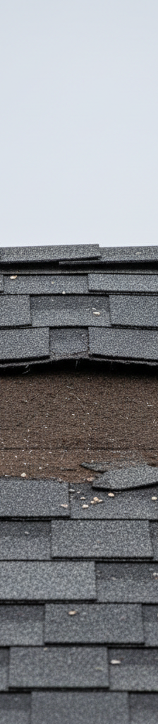 Close-up of a residential roof with missing asphalt shingles after a storm, revealing the exposed roof decking.