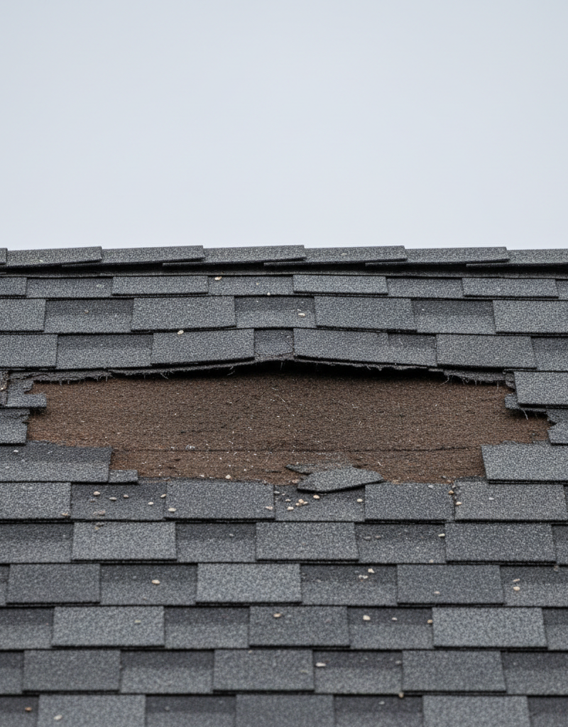Close-up of a residential roof with missing asphalt shingles after a storm, revealing the exposed roof decking.
