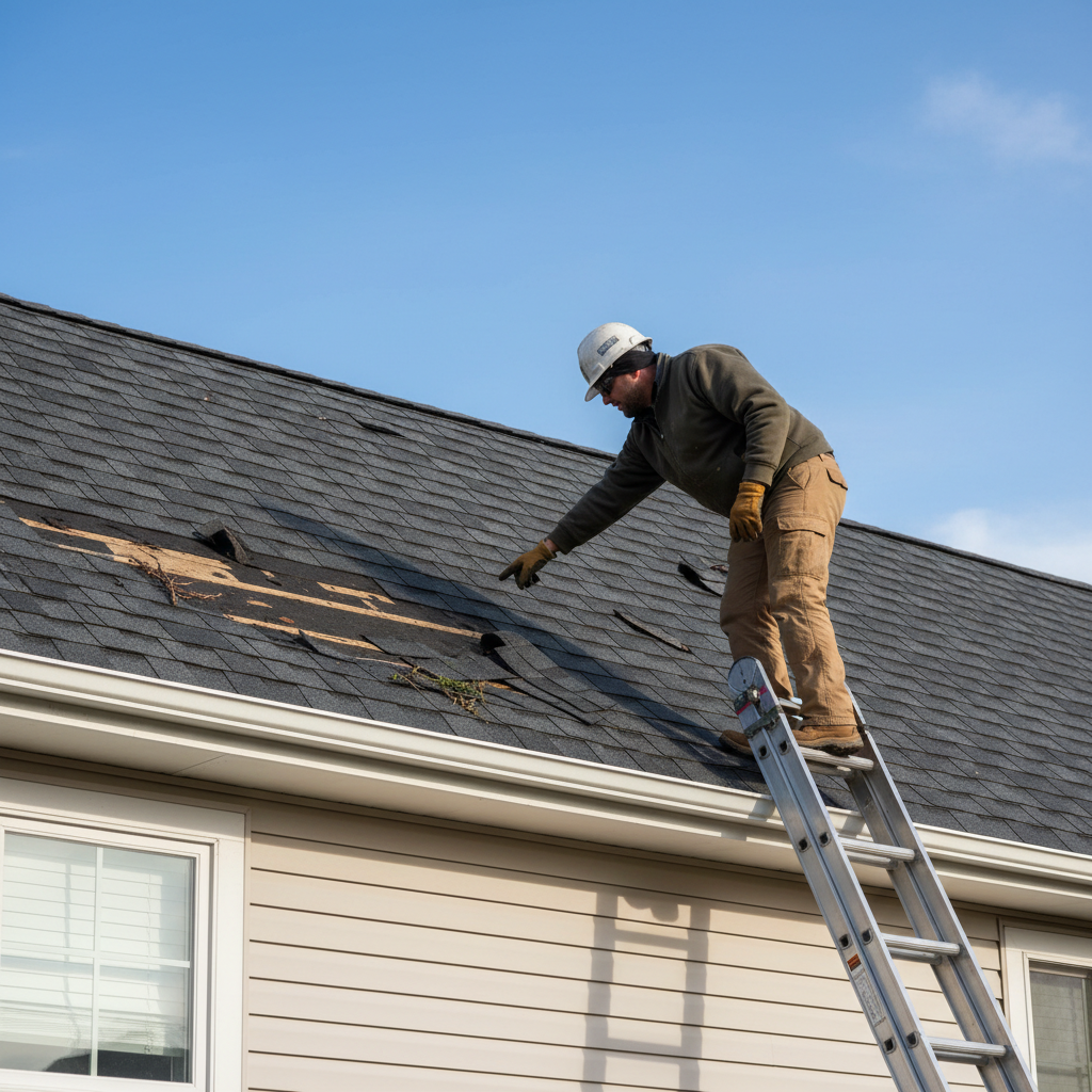 Homeowner on ladder inspecting missing asphalt shingles on a roof after a storm