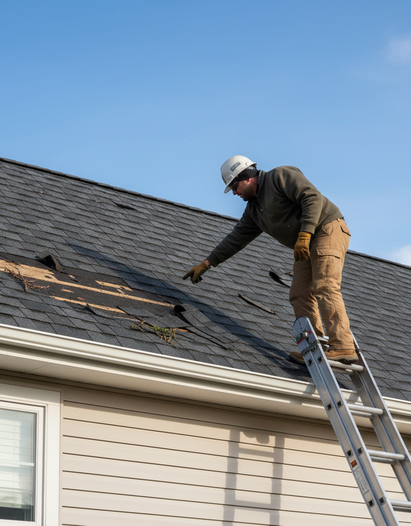 Homeowner on ladder inspecting missing asphalt shingles on a roof after a storm