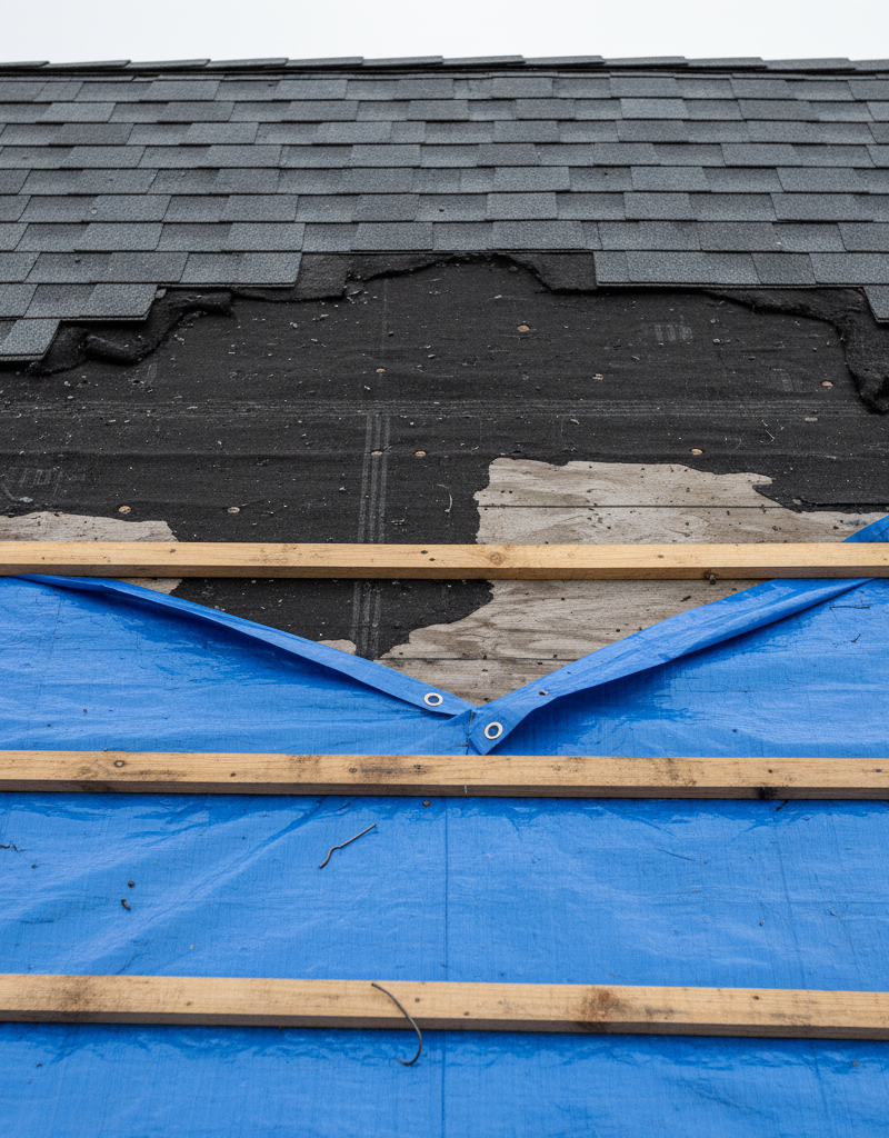 Temporary tarping over storm-damaged roof with missing asphalt shingles revealing underlayment.