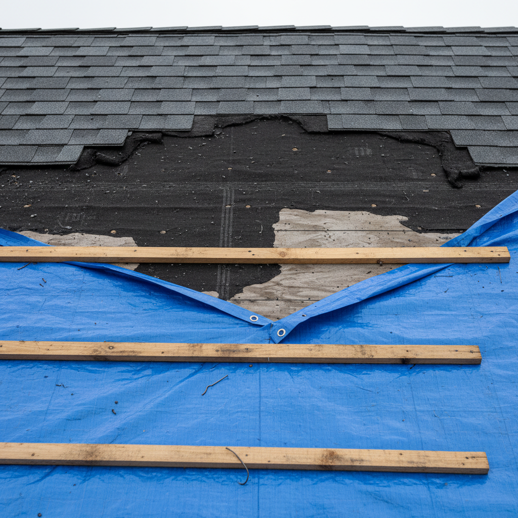 Temporary tarping over storm-damaged roof with missing asphalt shingles revealing underlayment.