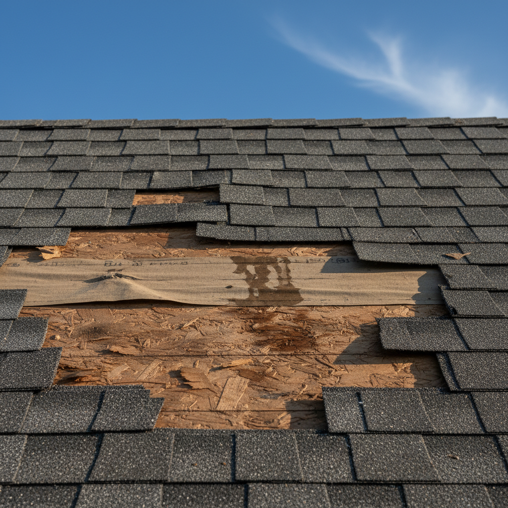 Damaged asphalt roof with missing dark gray shingles after a severe wind storm, exposing roof underlayment.