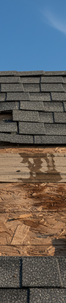 Damaged asphalt roof with missing dark gray shingles after a severe wind storm, exposing roof underlayment.