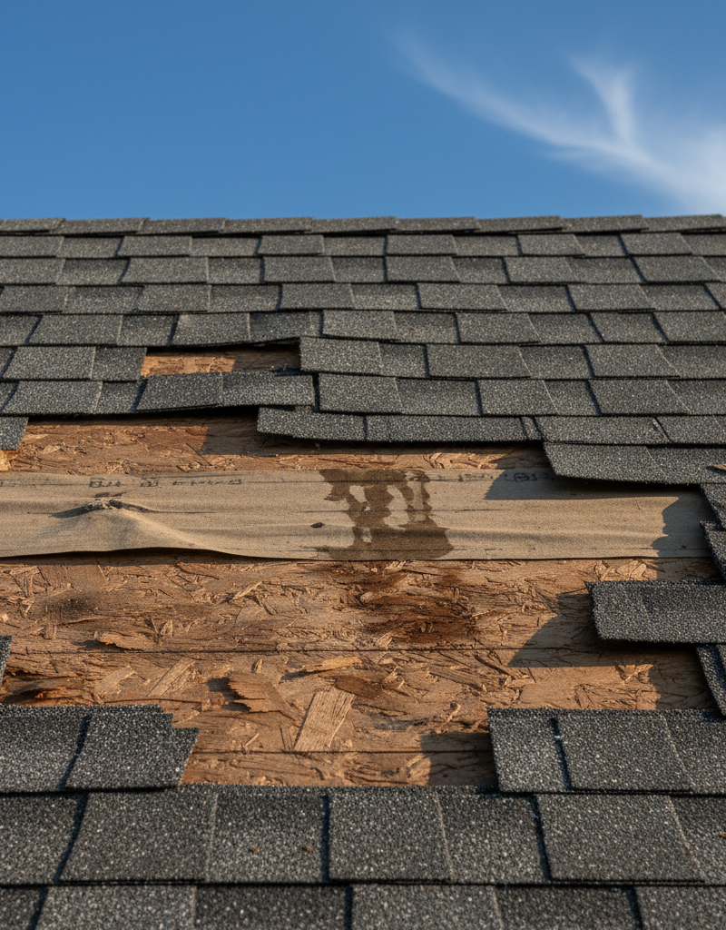 Damaged asphalt roof with missing dark gray shingles after a severe wind storm, exposing roof underlayment.
