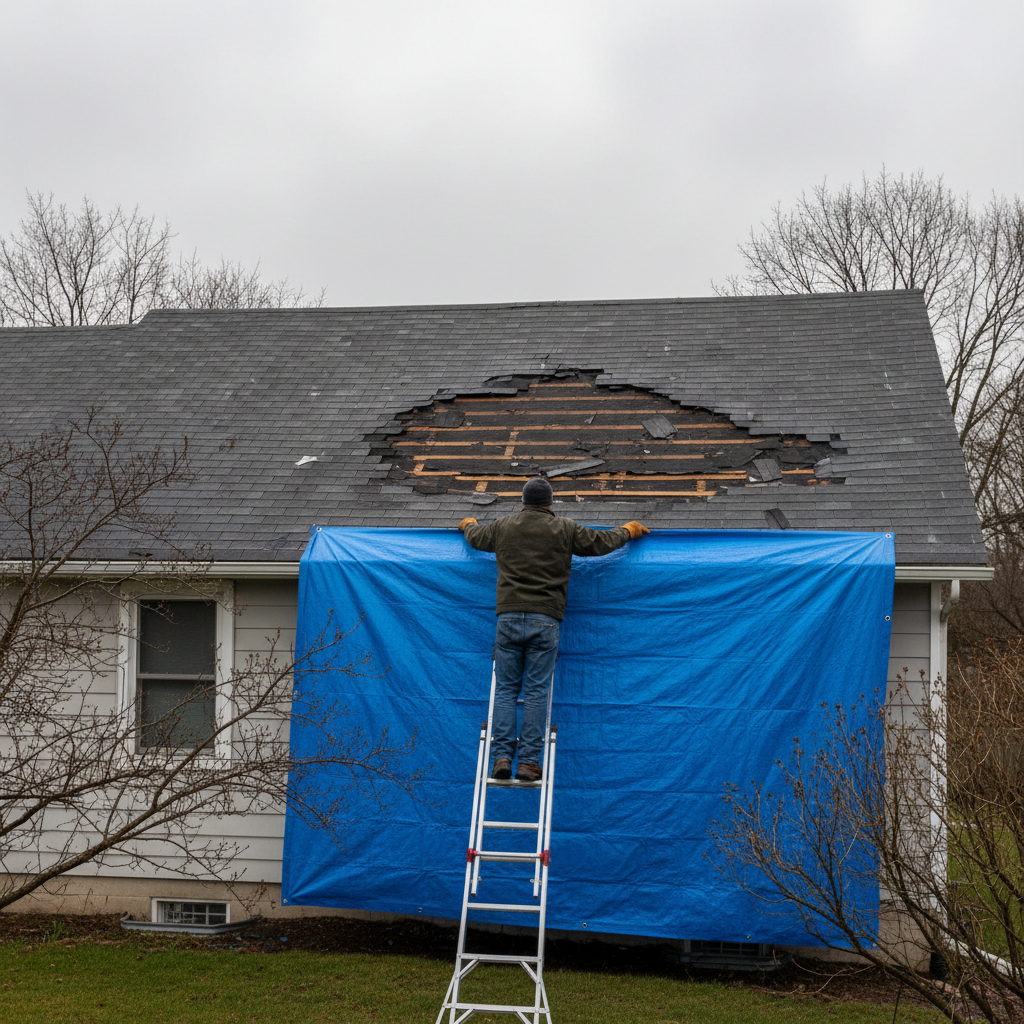 Homeowner carefully tarping a residential roof section where storm winds have blown off asphalt shingles.