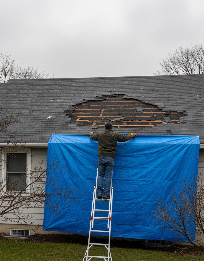 Homeowner carefully tarping a residential roof section where storm winds have blown off asphalt shingles.