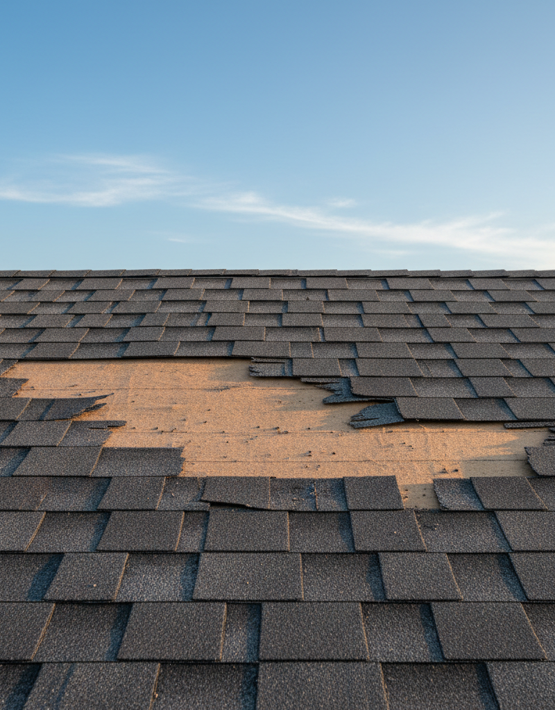 Close-up of a residential roof showing several missing dark grey asphalt shingles after a storm, revealing the underlayment.