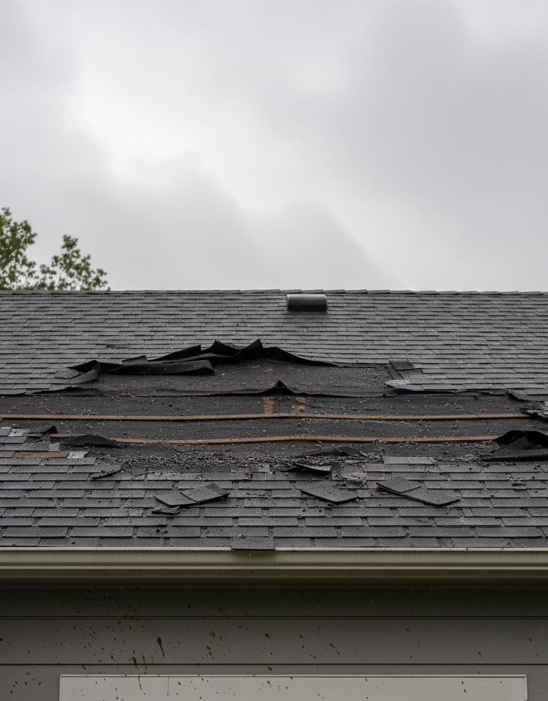Damaged roof with missing asphalt shingles after a storm, revealing the underlayment.