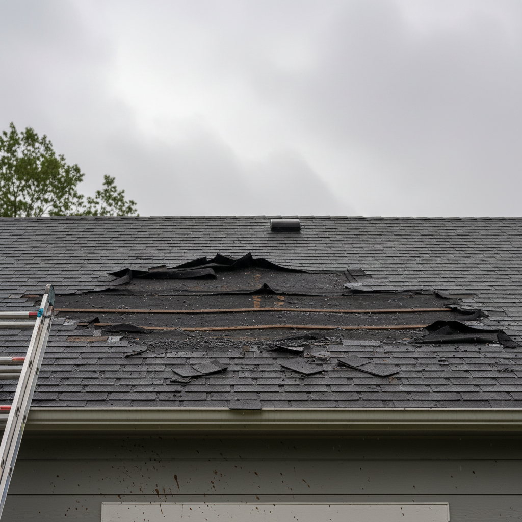 Damaged roof with missing asphalt shingles after a storm, revealing the underlayment.