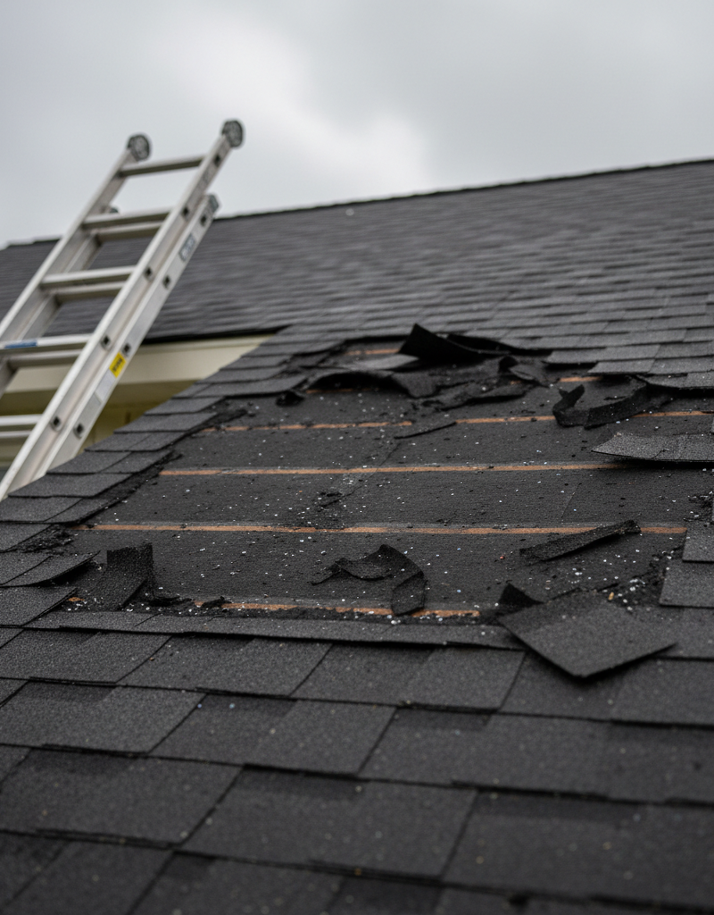 Missing asphalt shingles on a roof after a storm, exposing torn underlayment.