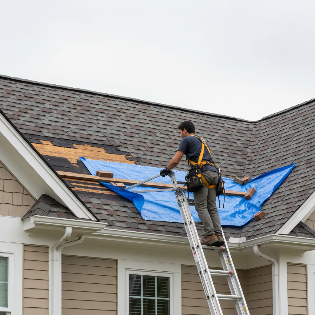 Homeowner inspecting missing roof shingles after a storm, with a temporary tarp repair in progress.