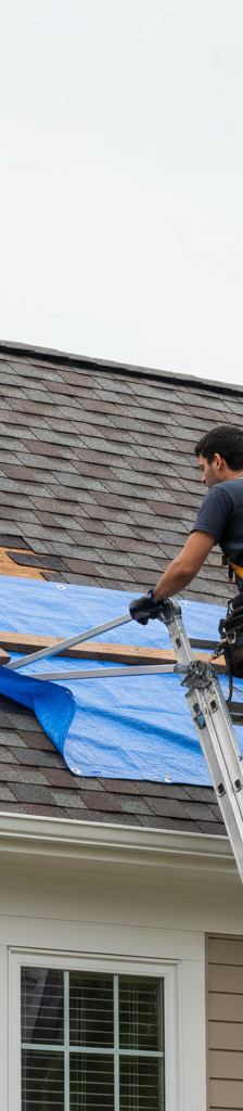 Homeowner inspecting missing roof shingles after a storm, with a temporary tarp repair in progress.