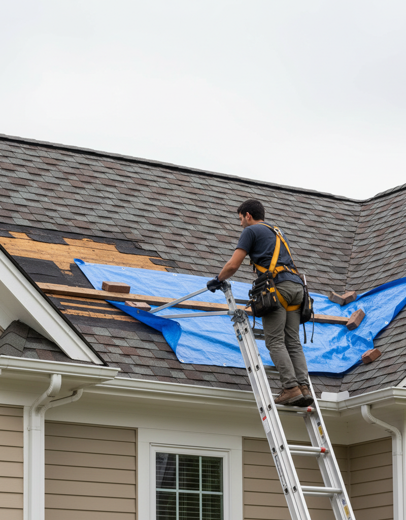 Homeowner inspecting missing roof shingles after a storm, with a temporary tarp repair in progress.