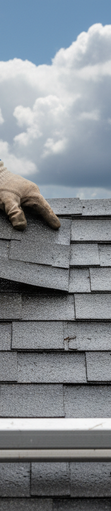 Homeowner on ladder replacing missing roof shingle after a storm