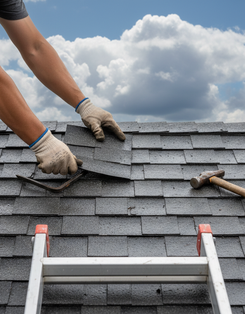 Homeowner on ladder replacing missing roof shingle after a storm
